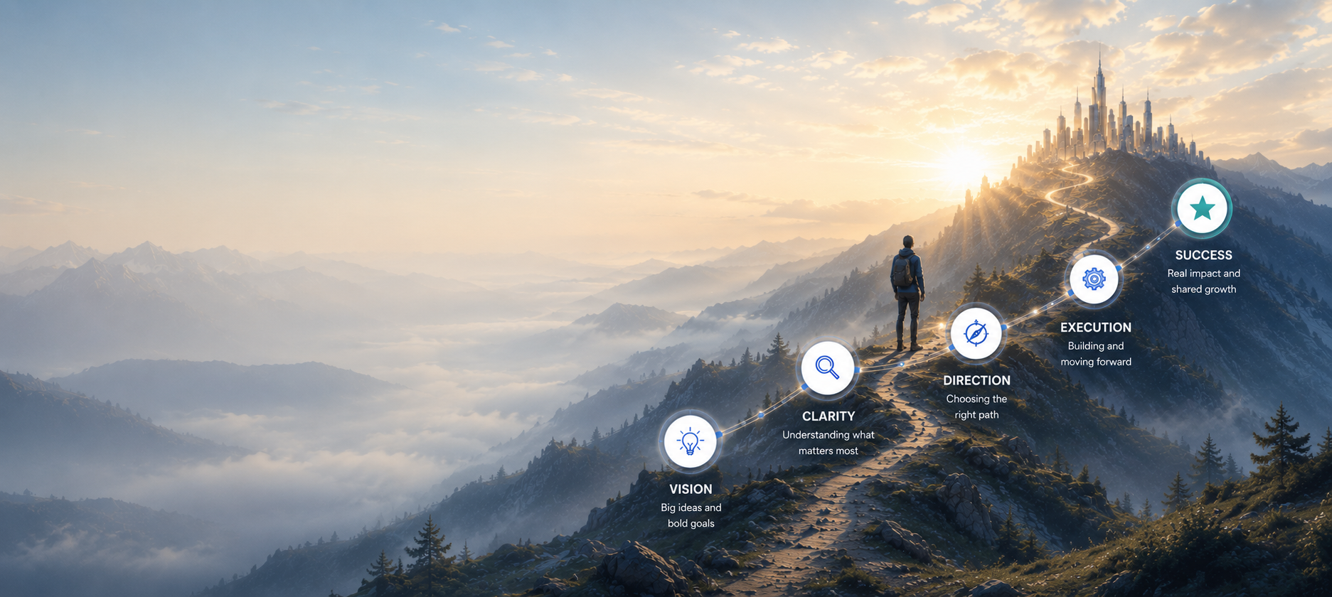A traveller on a mountain path at sunrise looking toward a distant summit city — the journey from vision to reality, marked by Vision, Clarity, Direction, Execution and Success.
